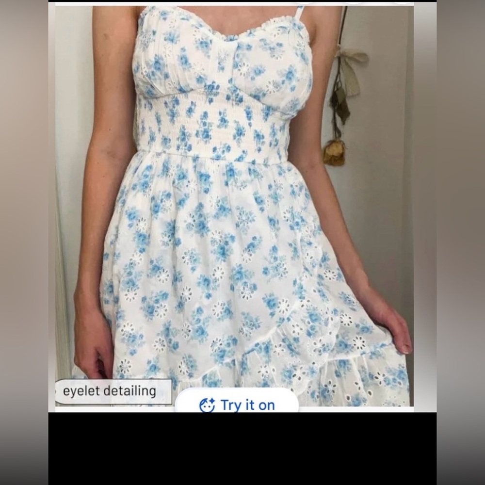 Hollister Mini Dress Low Cut Cotton Eyelet Floral in White Blue Size Juniors L